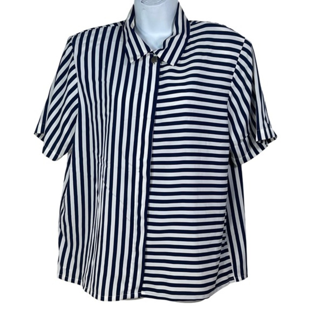 Alfred Dunner Vintage Navy White Striped‎ Mixed Direction Button Up Blouse 16